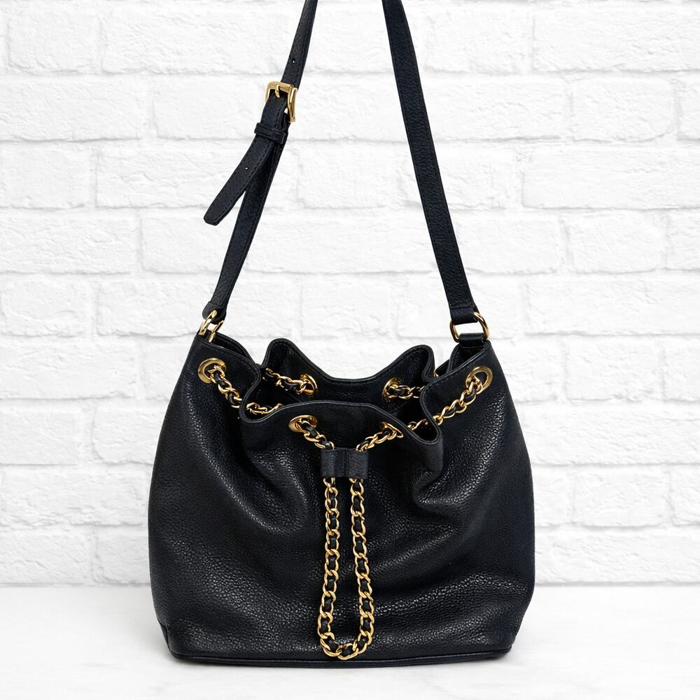 Michael Kors Frankie Black Pebble Leather Gold Chain Bag Drawstring